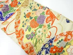 アンティーク　扇に菊・牡丹模様織出し名古屋帯（材料）